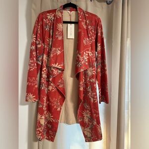Anthropologie Solitaire Cardigan Women Large Floral Open Front Faux Suede Kimon